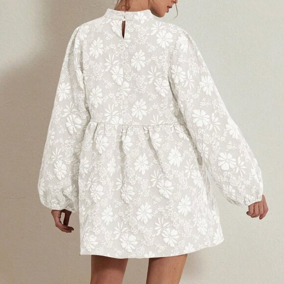 White Elegant Women's Textured Floral Lantern Sleeve A-Line Mini Skirt - Picture 2 of 6